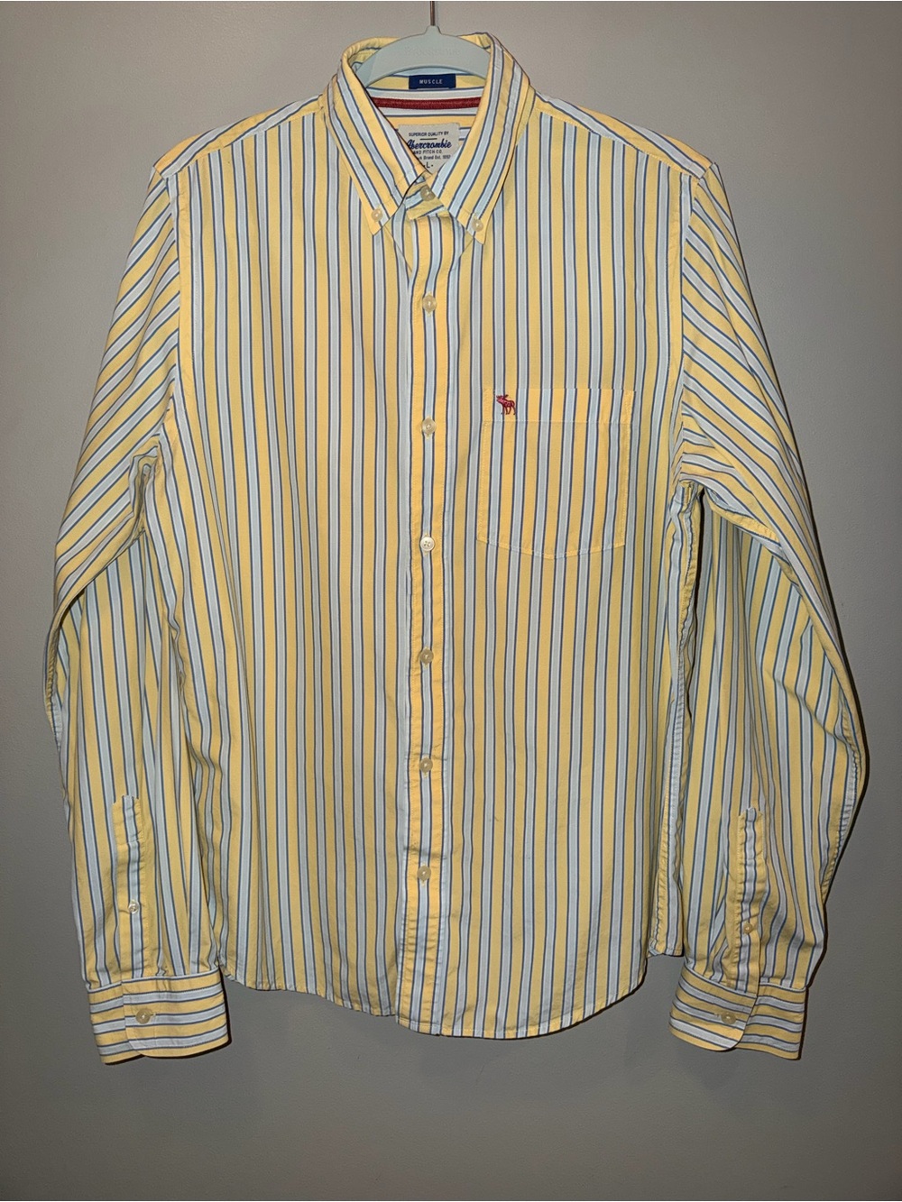 VTG Abercrombie & Fitch Striped Button Down Shirt Mens L Yellow Blue Y2K Pocket